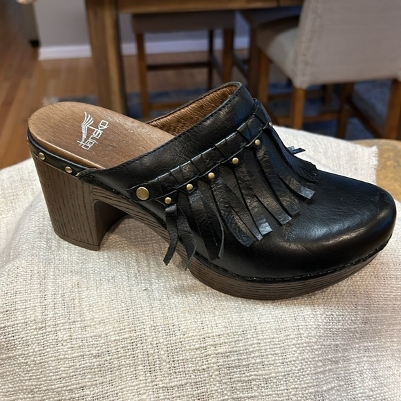 Dansko Deni Black Fringed Platform Clogs - Picture 4 of 12